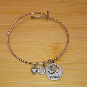 Silvertone Namaste Om Peace, Continuous Circle, Heart Adjustable Charm Bracelet